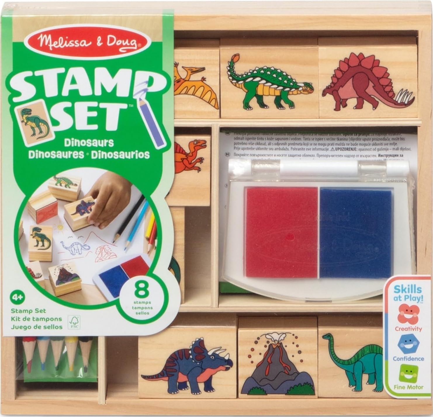 Melissa & Doug Dinosaur Stamp Set with Colouring Pencils for Children | Arts and Crafts for Children Age 4+ | Wooden Stamps for Kids | Dinosaur Toys for Boys Gifts | Art Set Gift - FSC Certified