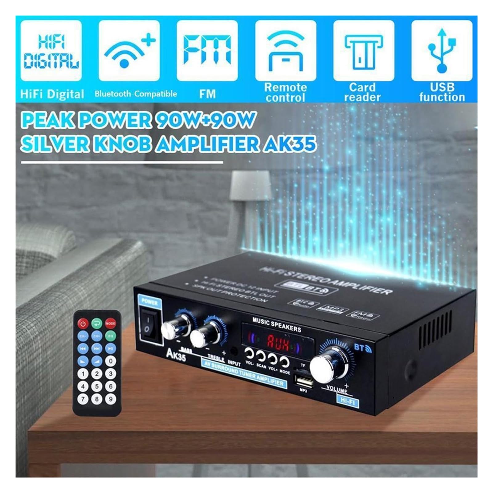 Amplificatore di potenza stereo HiFi Bluetooth AK35 da 1 PC con ingresso USB TF RCA AUX + telecomando