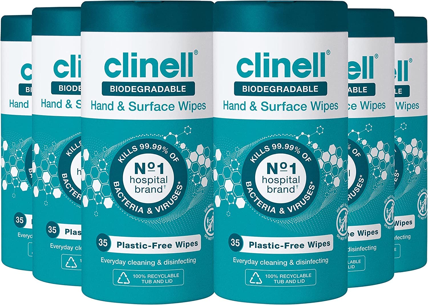 ClinellPlastic Free Biodegradable Hand and Surface Wipes for Cleaning & Disinfecting - 24 Tub of 35 Wipes - Ideal On-The-Go & Dermatologically Tested - Kills 99.99% of Bacteria & Viruses*