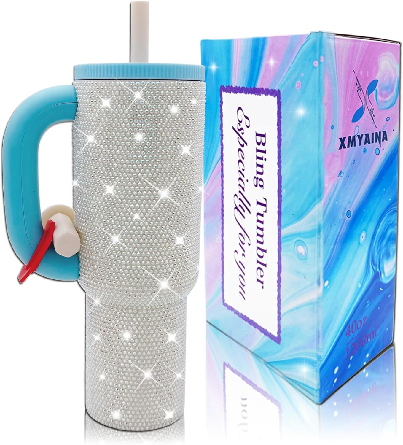 40oz Rhinestone Insulated Tumbler with Handle Bling Cups Stainless Steel Glitter Water Bottle with Leak Proof lid and Straw Travel Mug for Iced or Cold Beverages (Sea Waves) - Image 2