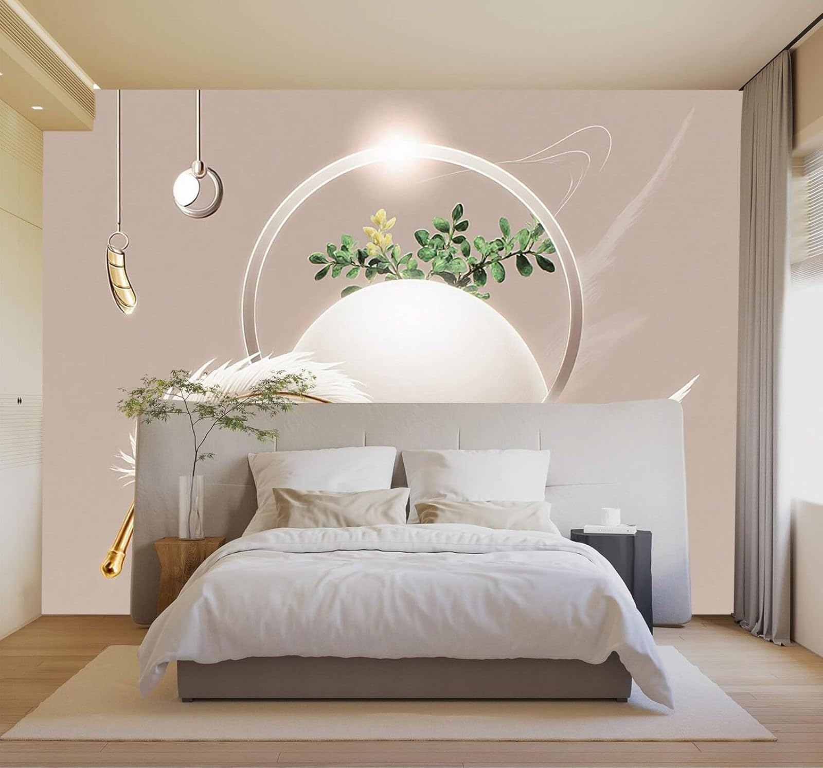 3D Papel Pintado Minimalista Plumas Blancas Círculos Geométricos Hojas