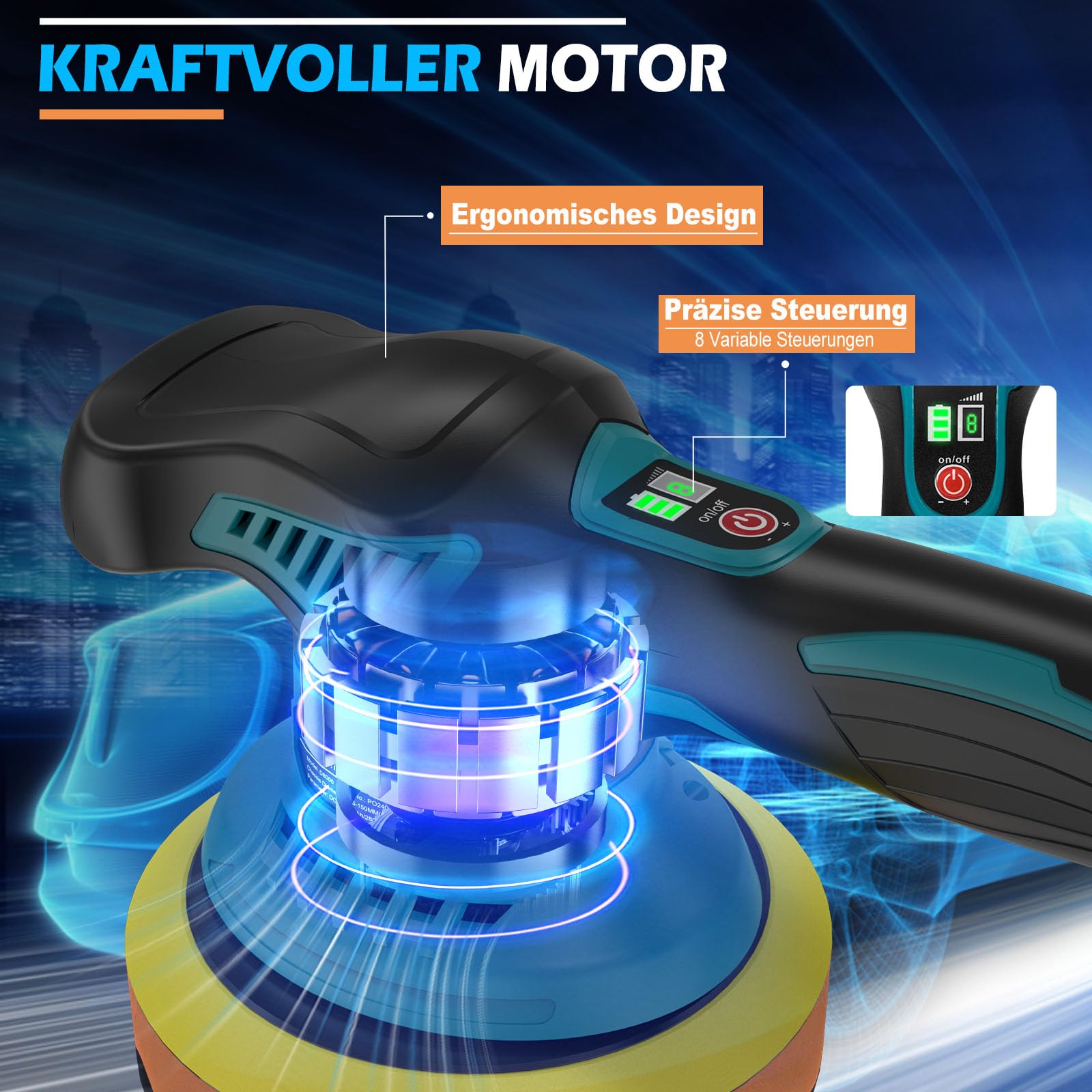 Poliermaschine Auto Akku, 21V Akku Poliermaschine mit 2 * 4000mAh Akkus & 8 Variablen Geschwindigkeiten & 6000RPM, Poliermaschine für die Autopflege Polieren Wachsen Entfernen von Kratzern