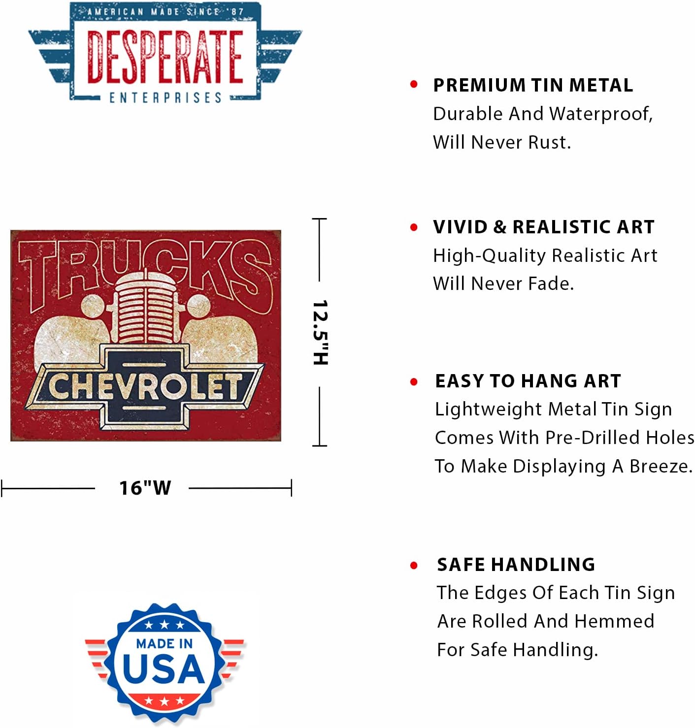 Desperate Enterprises Chevrolet Trucks 40s Tin Sign - Nostalgic Vintage Metal Wall Decor - Made in USA image 2