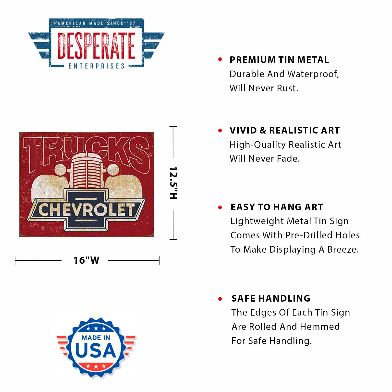 Desperate Enterprises Chevrolet Trucks 40s Tin Sign - Nostalgic Vintage Metal Wall Decor - Made in USA