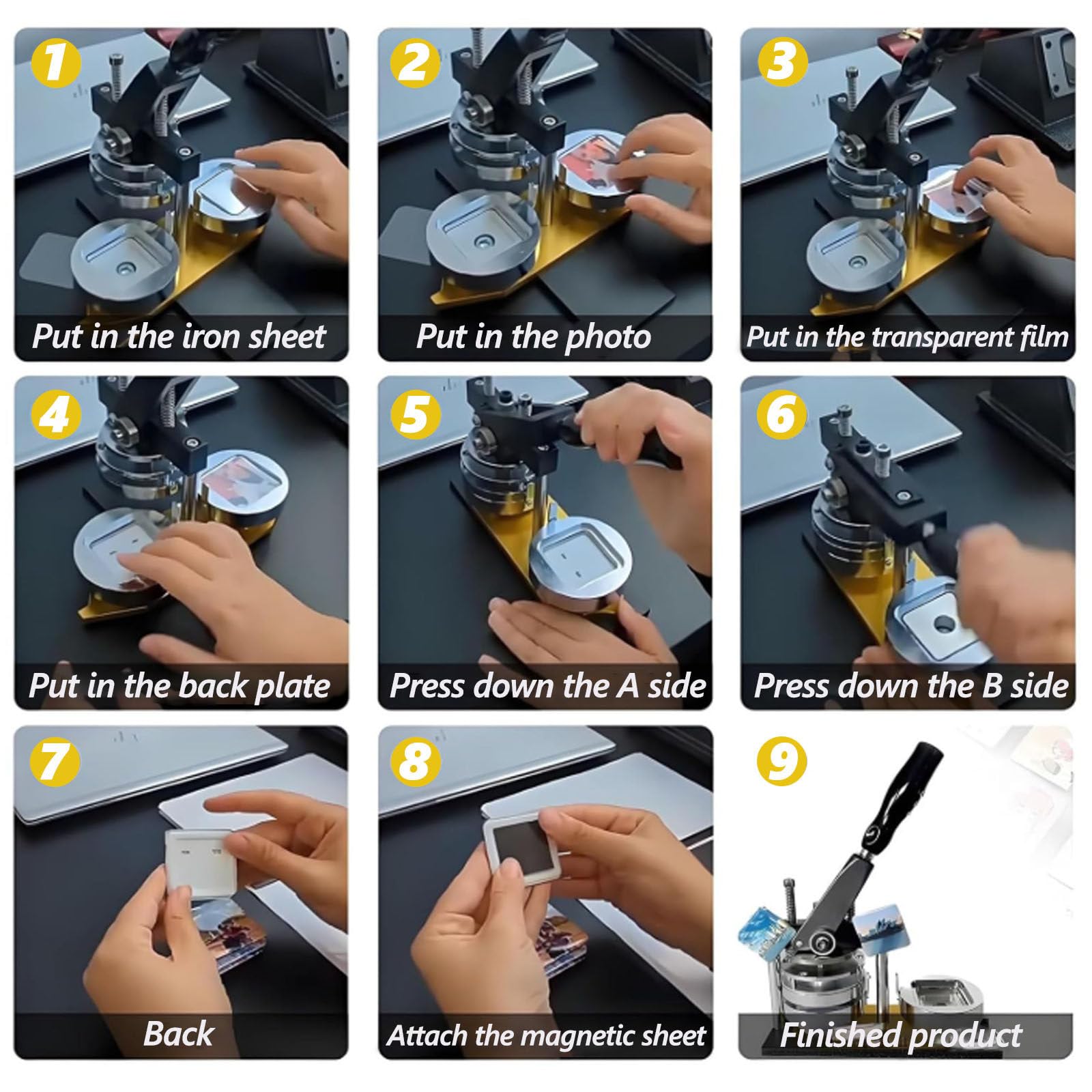 Máquina para fabricar imanes de refrigerador cuadrados de 50 x 50 mm, máquina para fabricar insignias, máquina de prensado de imanes fotográficos, kit de imanes para refrigerador con 100 botones