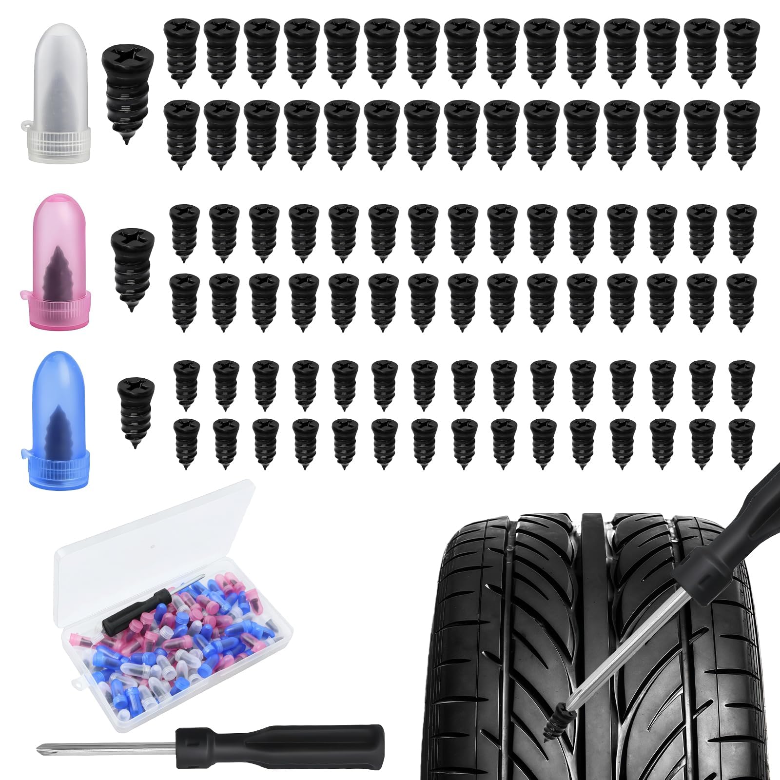 Aihoom Tyre Repair Kit Rubber Nails with Screwdriver, Car Puncture Repair Kit with Storage Box, Fast Tire Repair Nail Tool, Universal Tyre Repair Nails for Auto Car Motorcycle (90PCS)