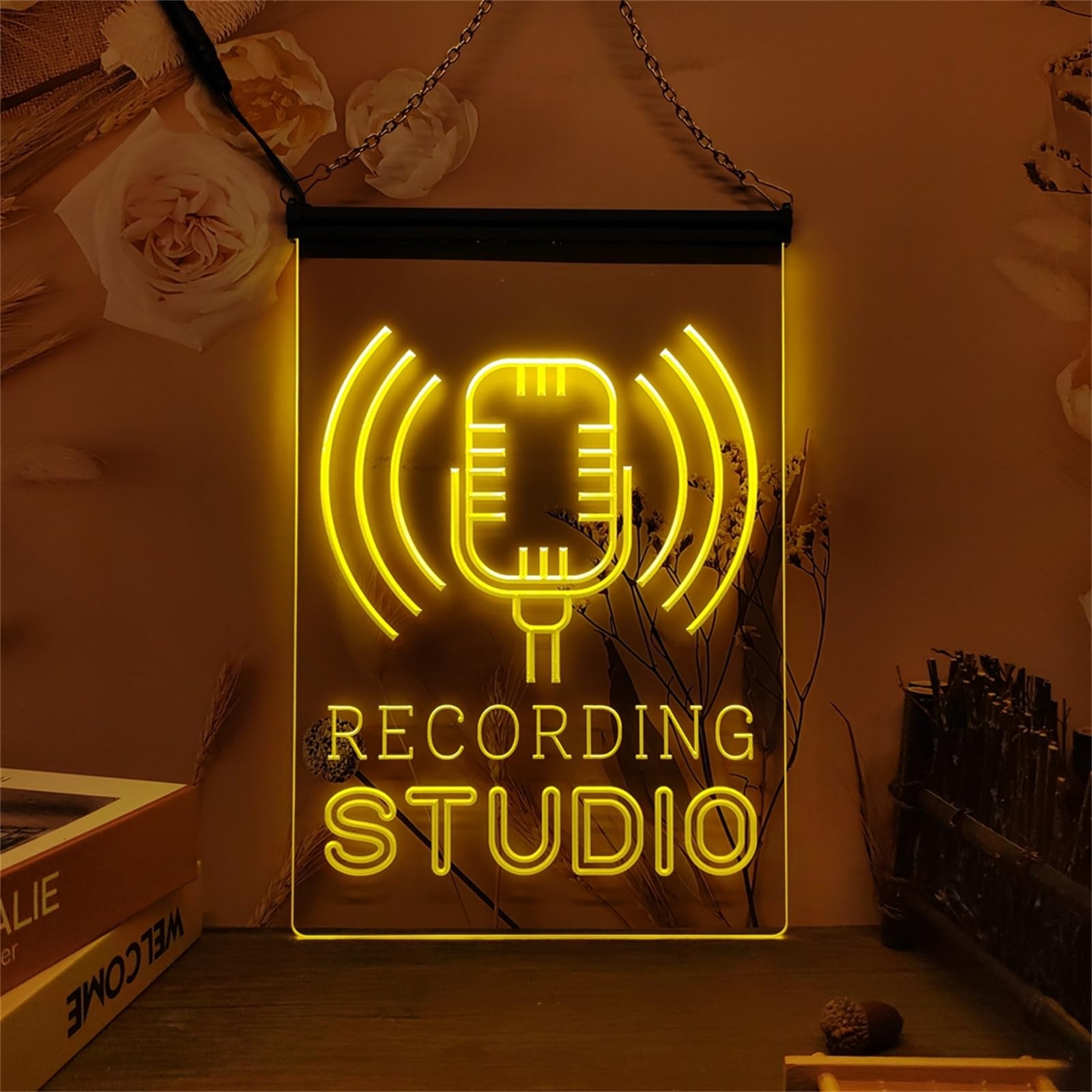 Recording Studio Neonowy szyld do dekoracji ścian – ściemniane neony LED z zasilaniem USB, idealne do studia podcastowego, studia streamingowego lub klubu nocnego,Yellow,40x30cm