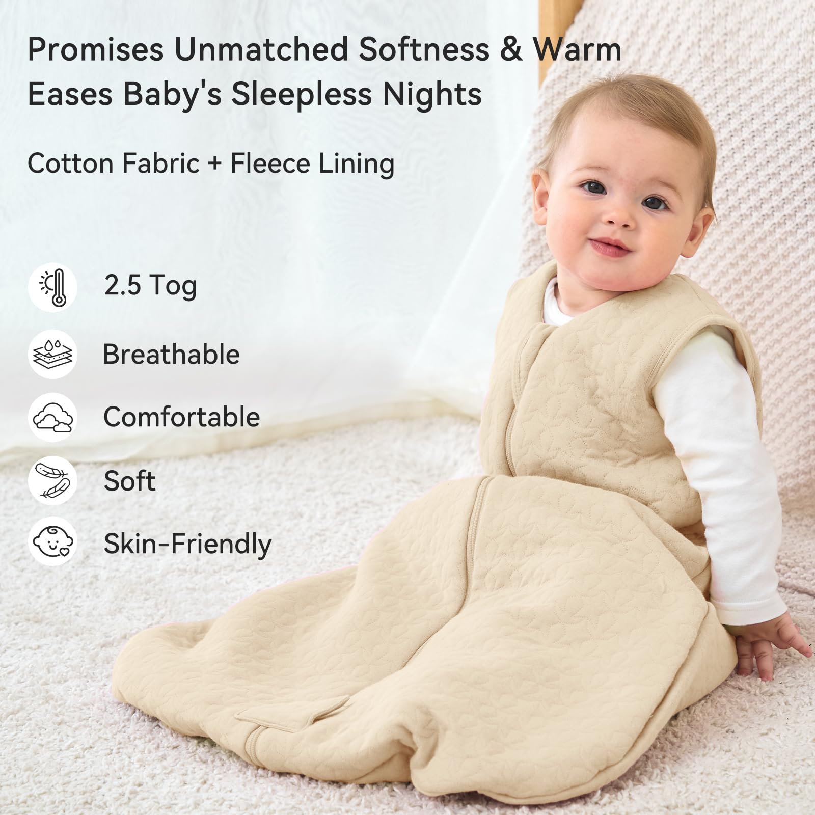 Unnivoll Sacco Nanna Invernale 18-24 Mesi - Sacco Nanna Neonato 2,5 Tog per Bambini, Tessuto 100% Cotone, Primavera Estate Inverno Autunno Albicocca