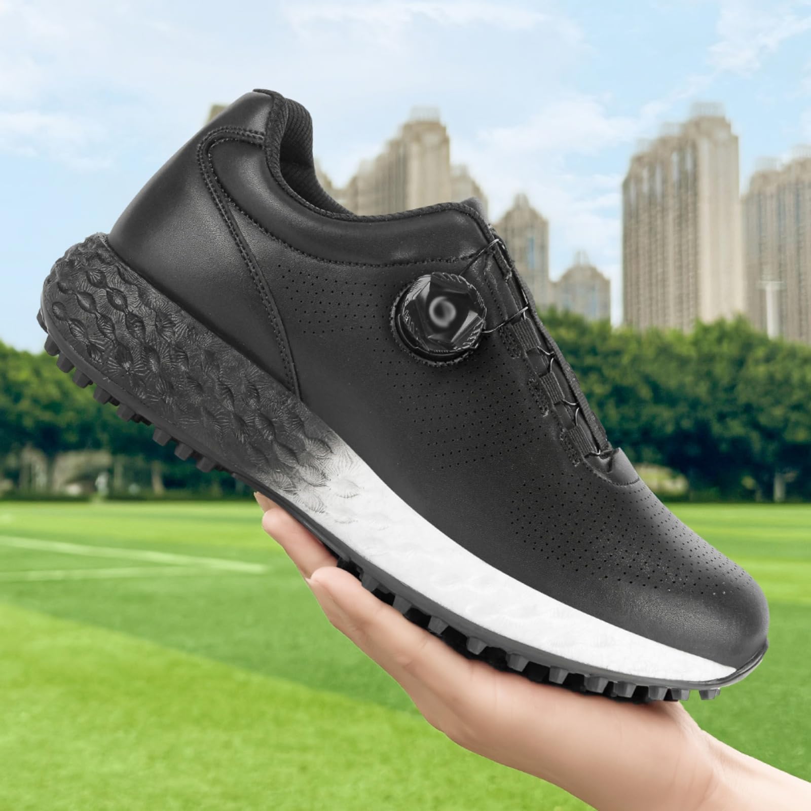 JiuQing Wodoodporne buty golfowe męskie profesjonalne bezkolcowe wygodne lekkie antypoślizgowe skórzane trampki