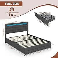 Vista 2 de Giantex Base de cama matrimonial con luces LED y 4 cajones, base de cama de plataforma tapizada con puertos USB, diseño de cabecera ajustable
