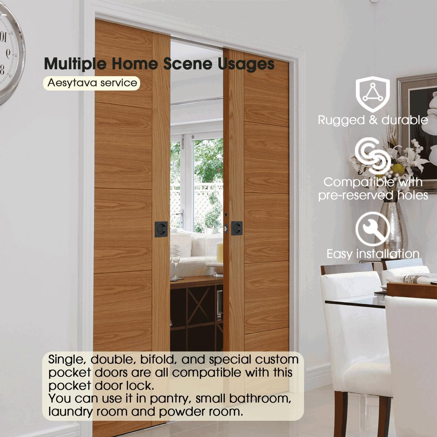 Matte Black Privacy Pocket Door Hardware, 2 3/4" Backset, Zinc Alloy Heavy Duty Square Pocket Door Lock Black, Solid Pocket Door Handle(2 Pack)