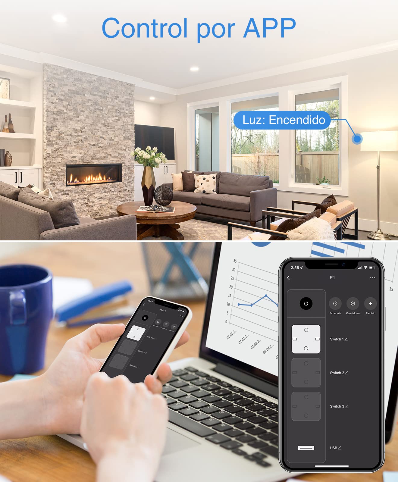 GHome Smart Inteligentna listwa zasilająca Alexa z 3 gniazdami i 3 USB, programowalna listwa zasilająca WiFi z monitorowaniem zużycia, funkcja Smart Plug Timer, kompatybilna z Alexa i Google Home, 1,5