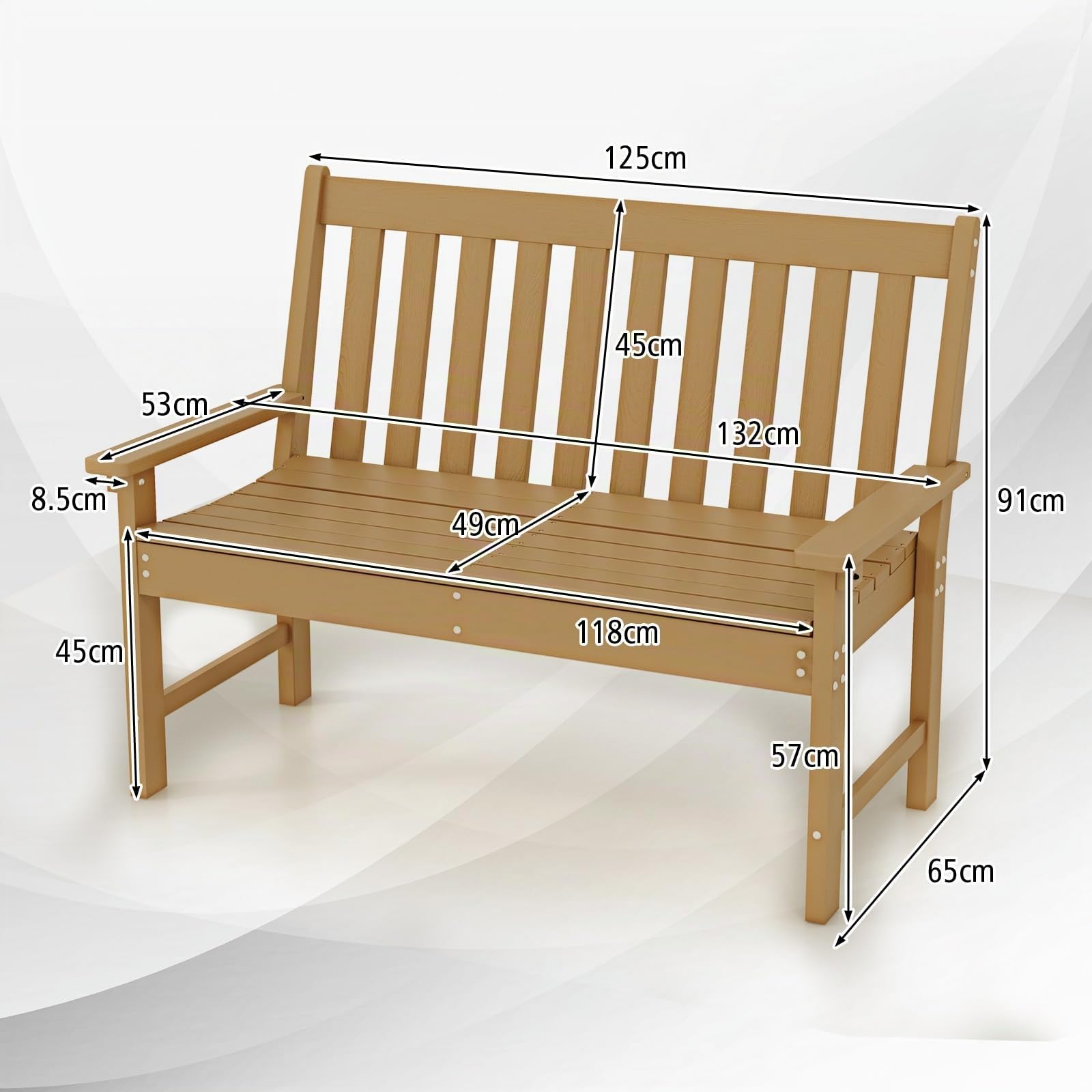 COSTWAY Panchina da Esterno in HDPE Resistente, Portata 320 kg, Naturale | Panca da Giardino con Schienale e Braccioli, Panchina da Parco, Balcone, Spogliatoio e Cortile, 132 x 65 x 91 cm