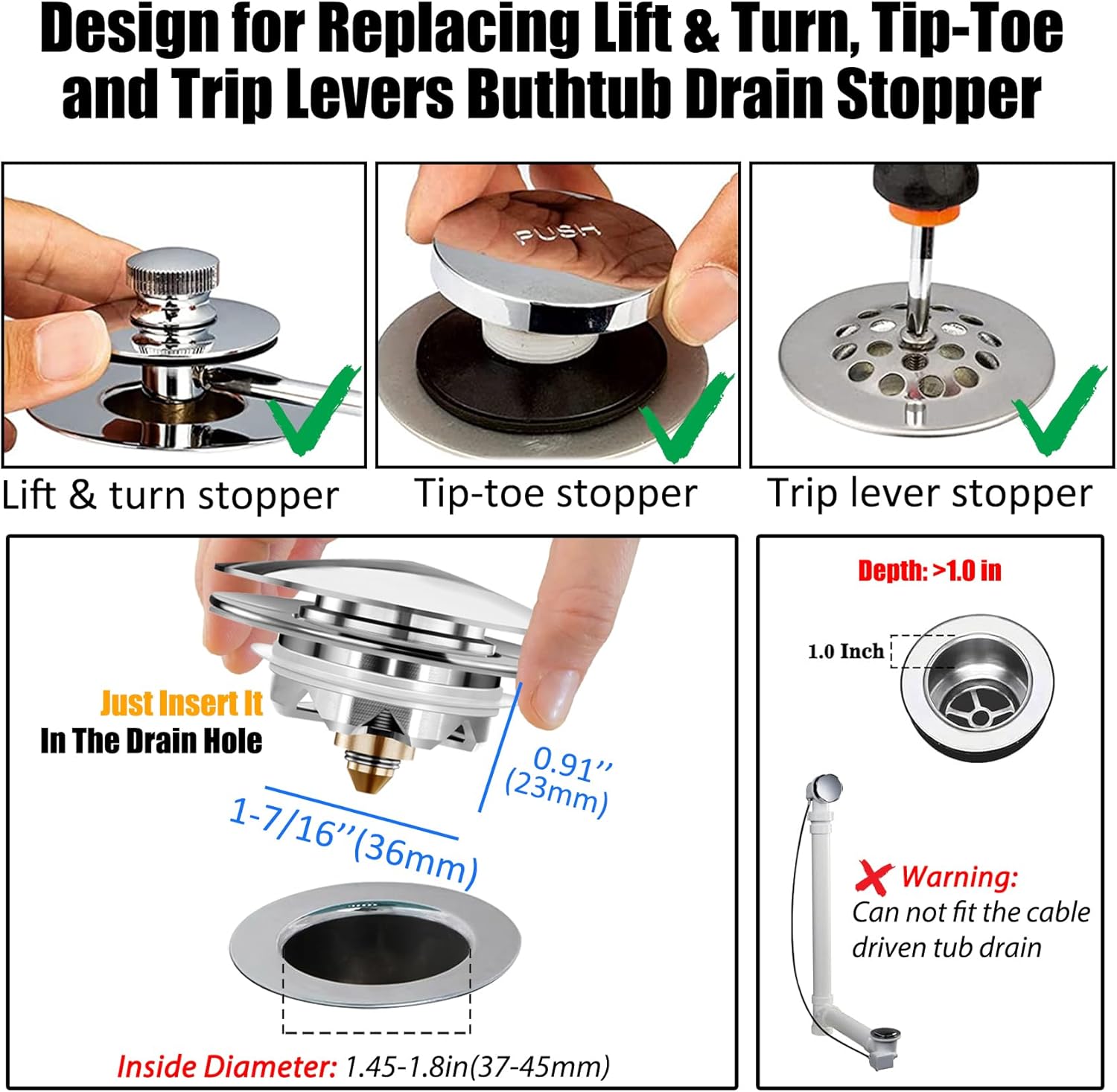 Bathtub Drain Stopper, Pop Up Tub Stopper and Cover, Bottom with Hair Catcher, Universal for 1.45 to 1.8in Drain, Replaces Old Drain Plug, Chrome Silver - Image 2