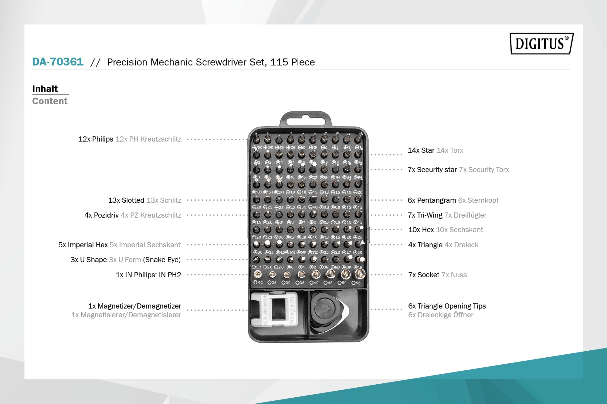 DIGITUS Jeu de tournevis de précision - 115 pièces - pour téléphone portable, ordinateur portable, PC, montres, lunettes, consoles
