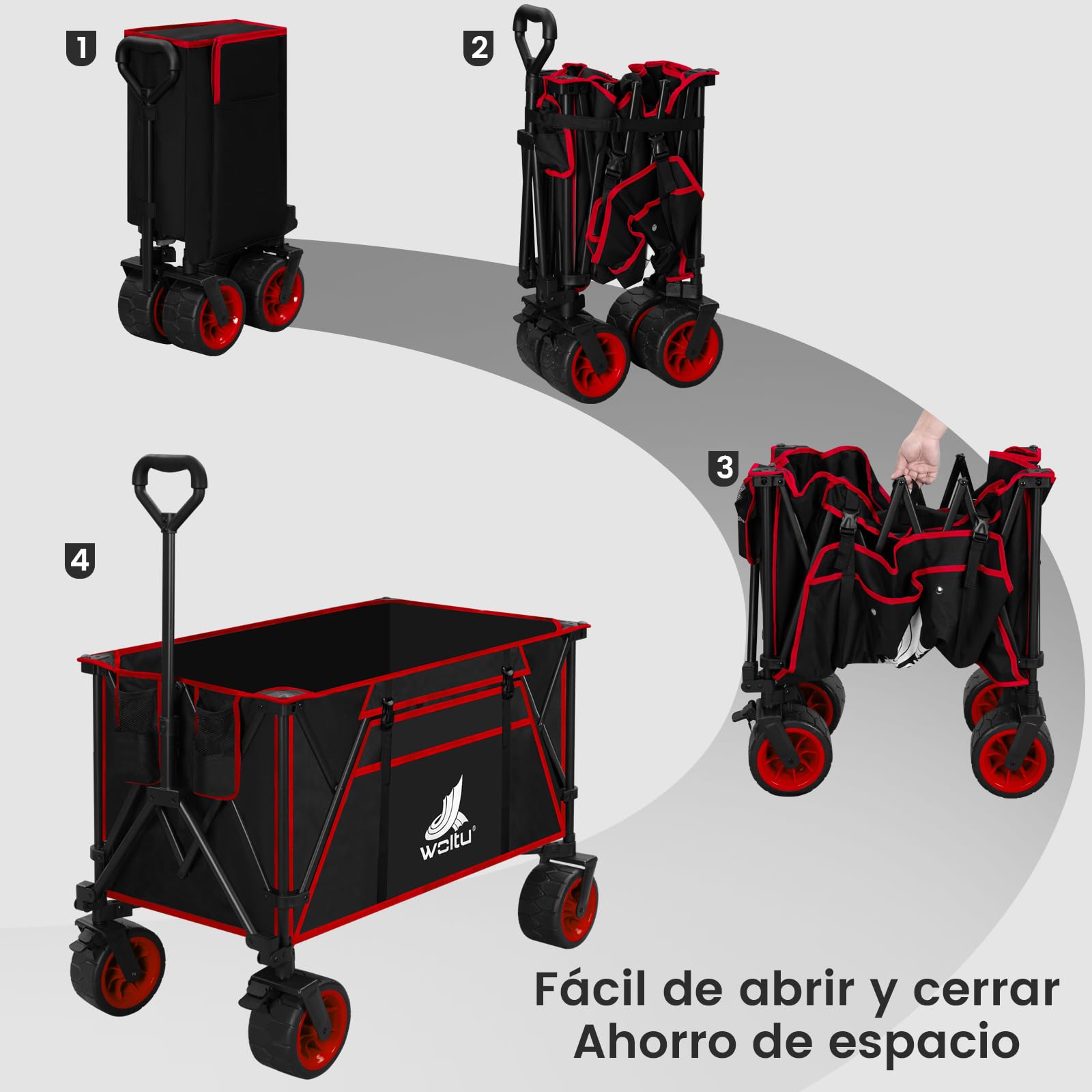 WOLTU Wózek składany, wózek transportowy XXL, składany, wózek ręczny z hamulcami do wszystkich terenów, wózek plażowy, wózek ogrodowy, wózek kempingowy, obciążenie do 240 l, 120 kg, czarny + czerwony
