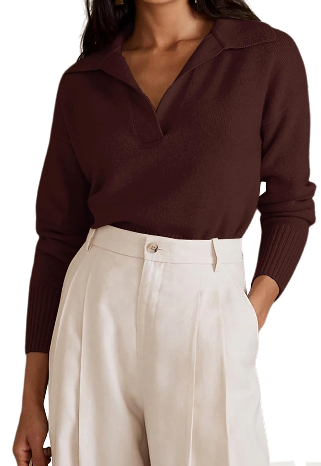 OLAPTA Women Knitted Lapel Collar Crop Sweater Polo V Neck Long Sleeve Loose Fit Casual Comfy Pullover Sweater Jumper Tops