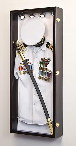 Miniatura 6 de Caja de sombra militar, marco de pared para gabinete de medallas de espada, con cerradura (acabado negro + luz LED, fondo de fieltro negro)
