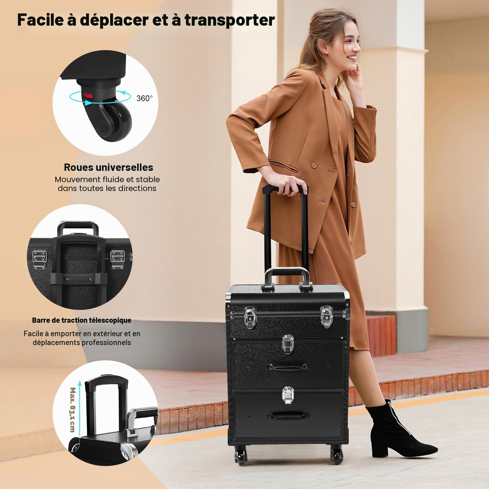 Valise de maquillage professionnelle à roulettes - Tiroirs et serrure - Grande - Pivotant à 360° - 36 x 23 x 58 cm - Noir