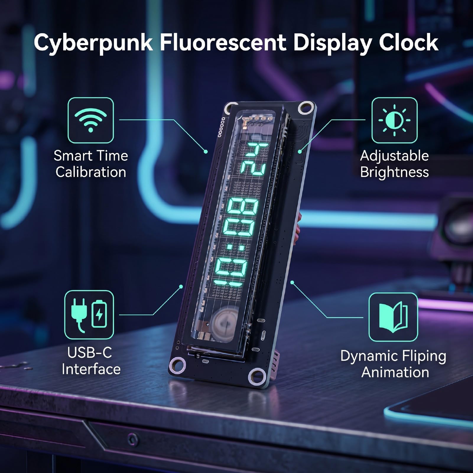 Fabater Horloge Numérique de Configuration de Jeu Cyberpunk, Horloge de Bureau, Connexion WiFi, écran Fluorescent à luminosité Réglable, Pixel Art pour Salle de Jeu et Décoration