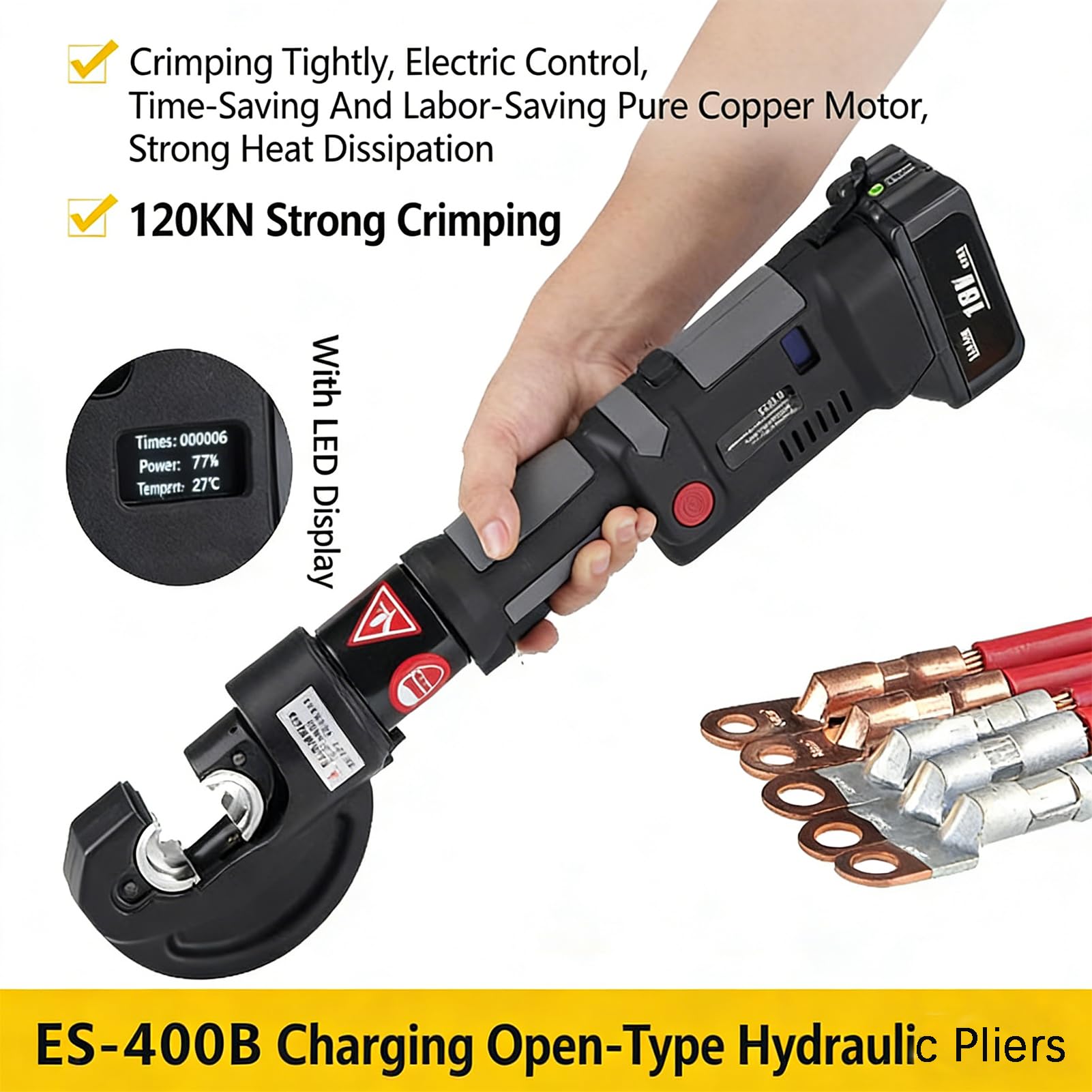 Prensa Multicapa Bateria 18v︱Crimpadora Terminales Electricos con 12 Troqueles Y Estuche︱para Cobre Y Aluminio 16–400mm²︱Reinicio Automático | Batería Extraíble con Indicador Digital Led
