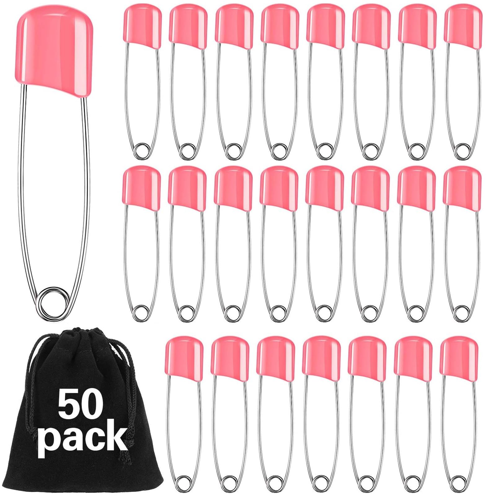 50 Pieces Diaper Pins Safety 2.2 Inch Plastic Head Cloth Diaper Nappy Pins with Locking Closures Stainless Steel with Velvet Bag(Pink)
