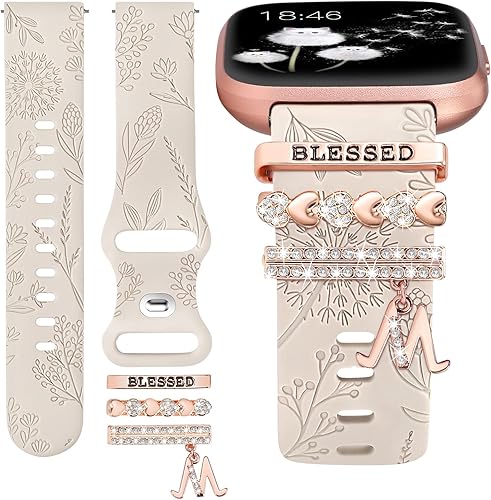 Miniatura 1 de Minyee Correa con dije grabado floral compatible con Fitbit Versa 2Fitbit VersaVersa Lite bandas para mujer, anillo decorativo brillante de silicona