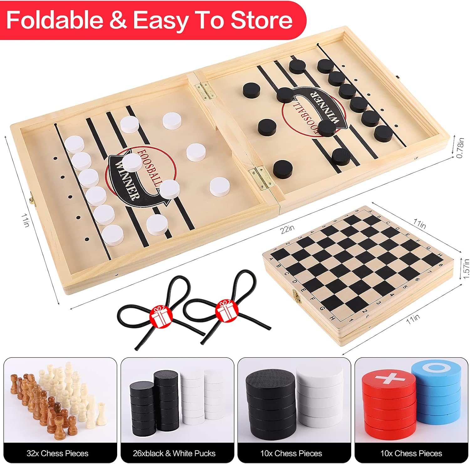 Sling Puck Game, Chess Checkers Game Set, 4 in 1 Folding Wooden Board Game, Fast Hockey Table Game, Portable Tabletop Tic Tac Toe Slingshot Chess Set for Kids and Adults