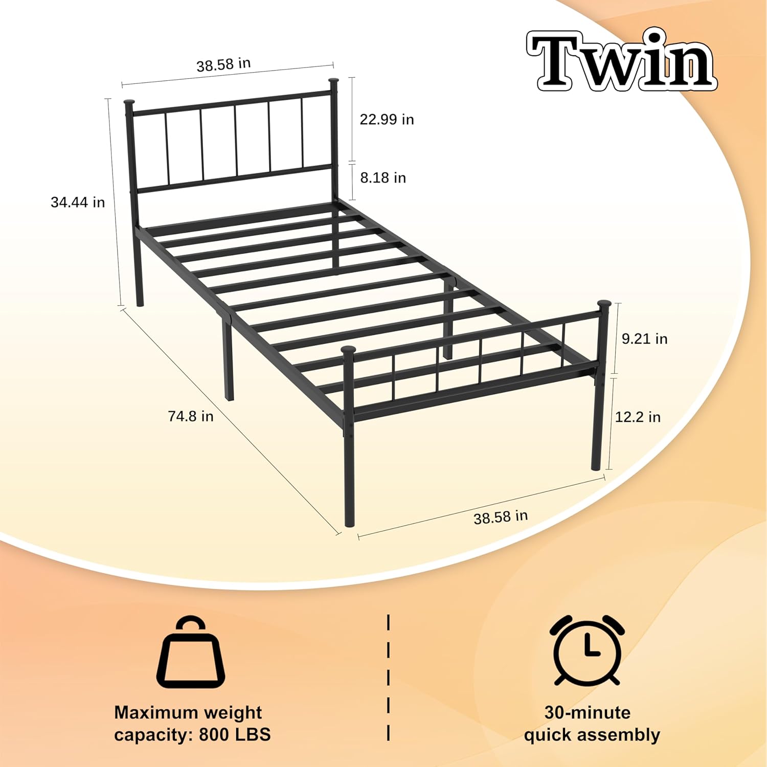 queen metal platform bed frame, victorian vintage style, wrought iron headboard, steel slats, no box spring needed (black, twin) black twin