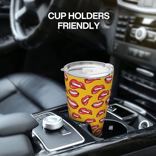Miniatura 8 de Vaso aislado de 20 onzas para mujer, sonriendo y mordiendo sus labios rojos, taza de café de acero inoxidable con tapas para el hogar y la oficina