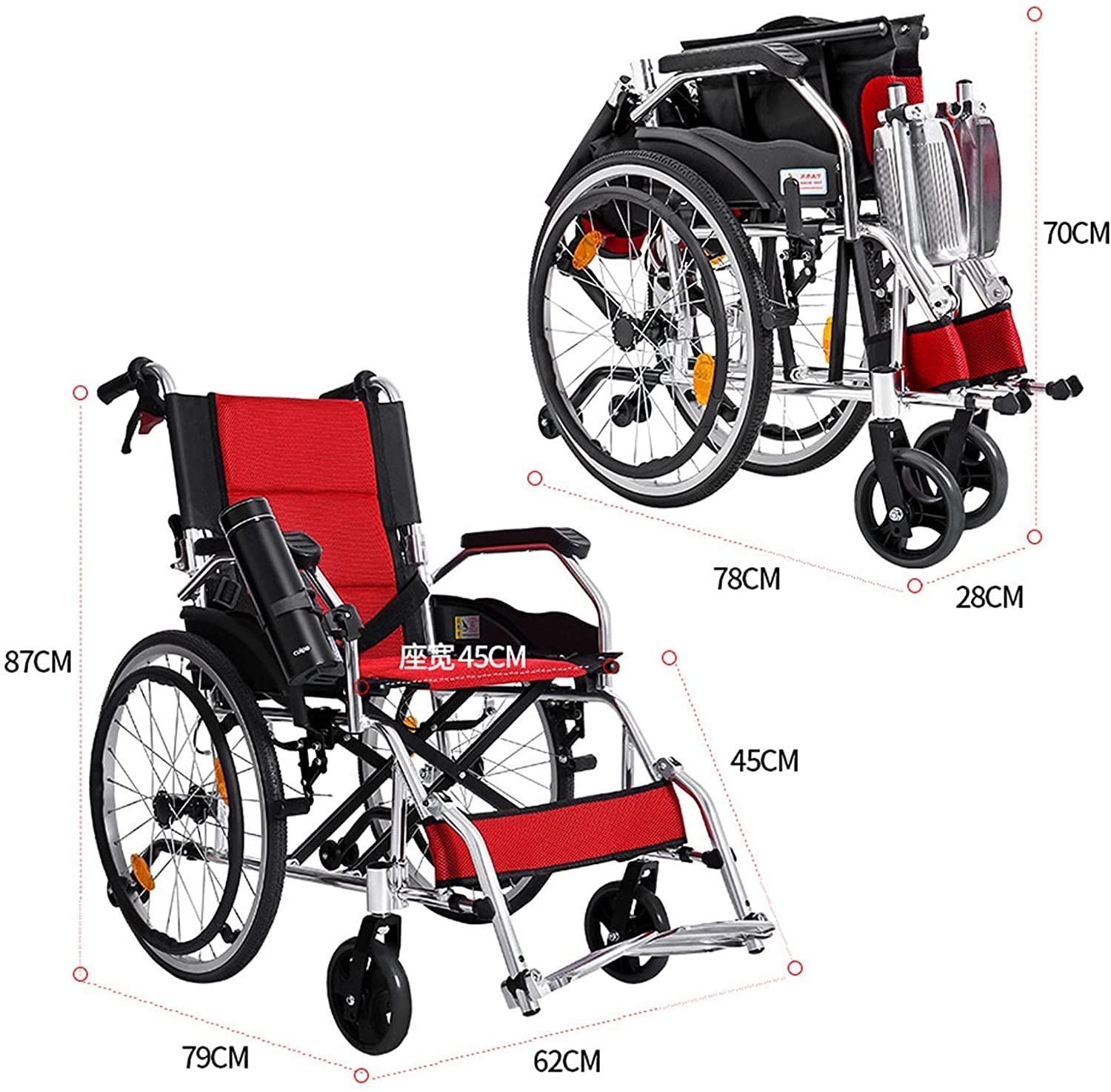 Carrozzine Semoventi per Adulti con Pedaliera Pieghevole, Sedia a Rotelle a Spinta Assisleggera Pieghevole/Black