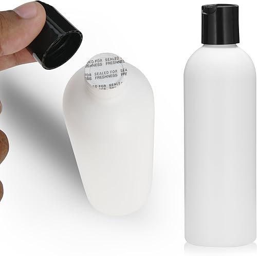 Miniatura 1 de 25 botellas blancas vacías de polietileno de alta densidad de 8 onzas  Botellas de plástico redondas Cosmo  Tapa de disco negro de 24410  Sello a