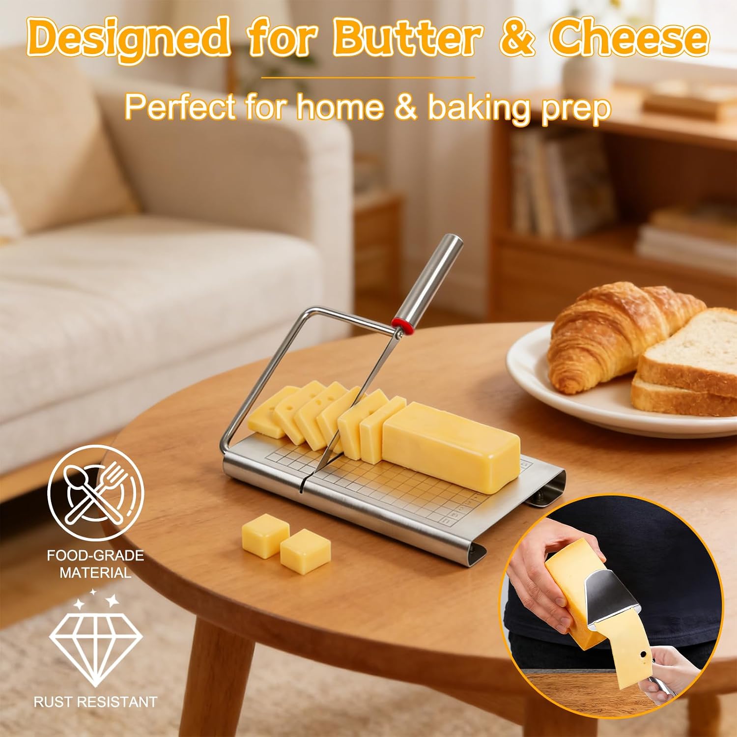 Cheese Slicer, Stainless Steel Cheese Cutter Board and Measuring Grids, Multipurpose Cheese Cutter for Block Cheese, Butter, Sausages, Fruits Kitchen Gadget Cheese Tool