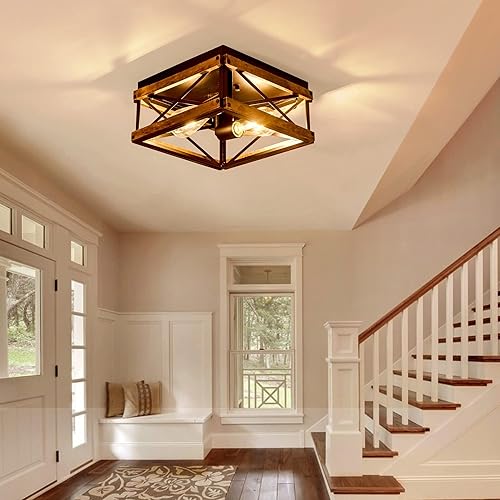 Miniatura 2 de MAYNA Lámpara de techo industrial de 2 luces, lámpara de techo empotrada de granja de metal y madera, lámpara cuadrada de comedor para pasillo,