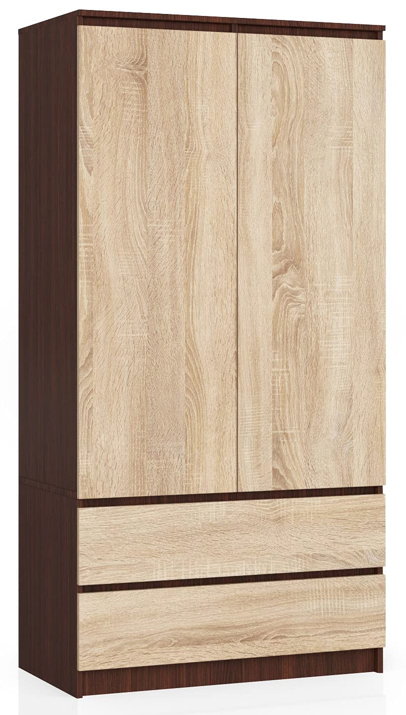 AKORD Zweitüriger Kleiderschrank S 90 cm 2 Schubladen mit Regalen und Einer Kleiderstange für EIN Schlafzimmer Kleiderschränke Minimalistischer Stil Schichtstoffplatte 16 mm Farbe Wenge/Sonoma
