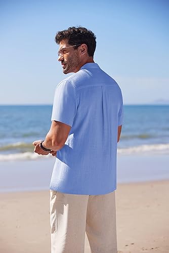 Miniatura 3 de COOFANDY Camisas de guayabera cubana para hombre de lino casual de manga larga con botones cuello de banda para verano playa