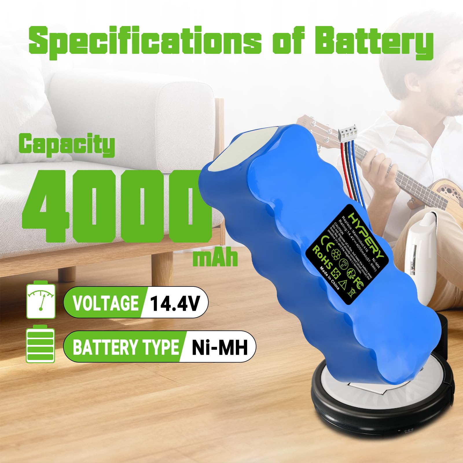 Akumulator zastępczy 14,4 V 4000 mAh Ni-MH o wyższym bezpieczeństwie i dłuższym czasie pracy – Mamirobot K3, K5, K7, KF5, KF7, 416, 461 odkurzacz
