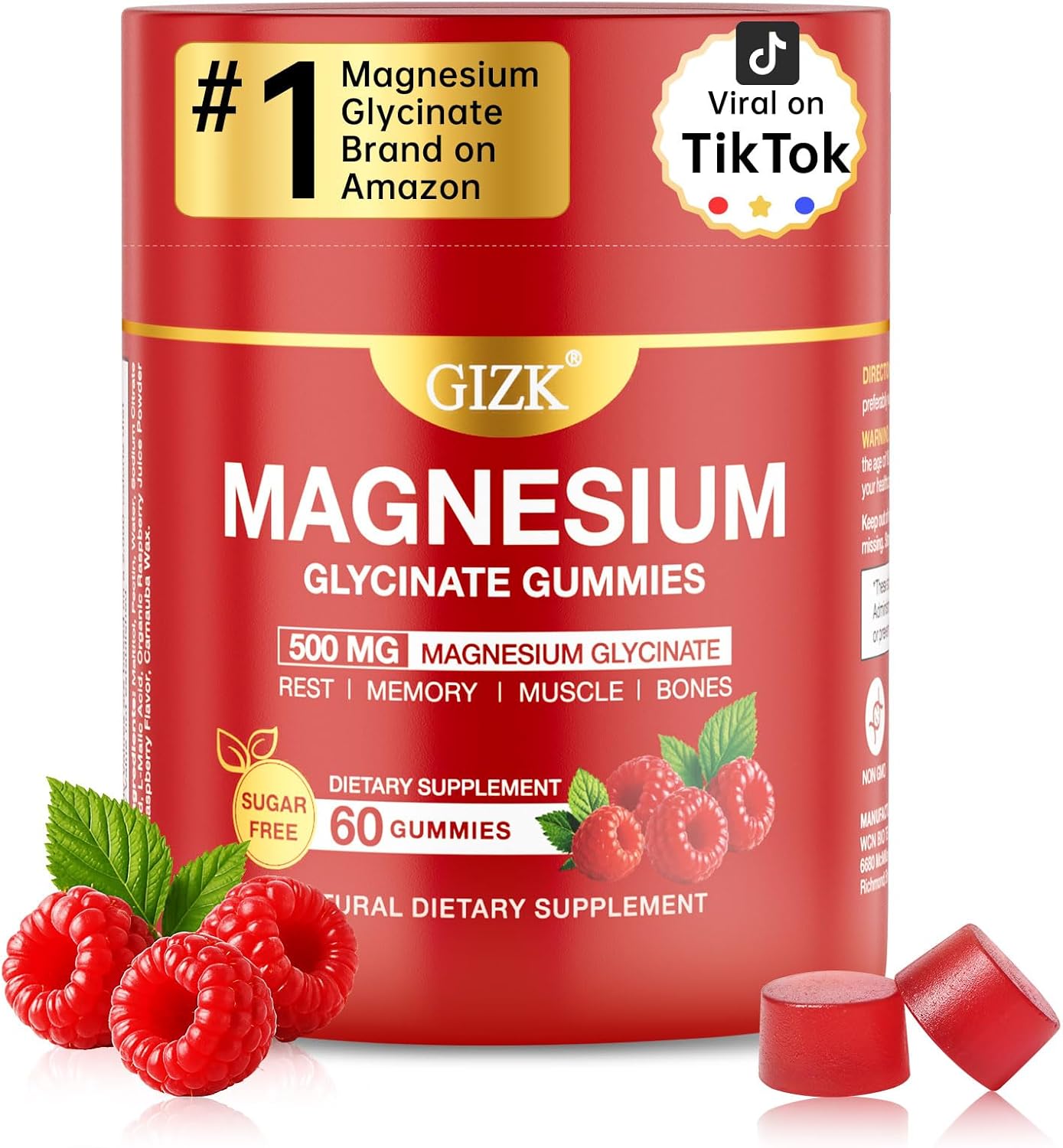 Magnesium Glycinate Gummies 500mg – Sugar Free Magnesium Gummies for Sleep, Stress, Muscle & Nerve Support – for Adults & Kids 4+, Vegan, No Melatonin (Raspberry Flavor, 60 Count)