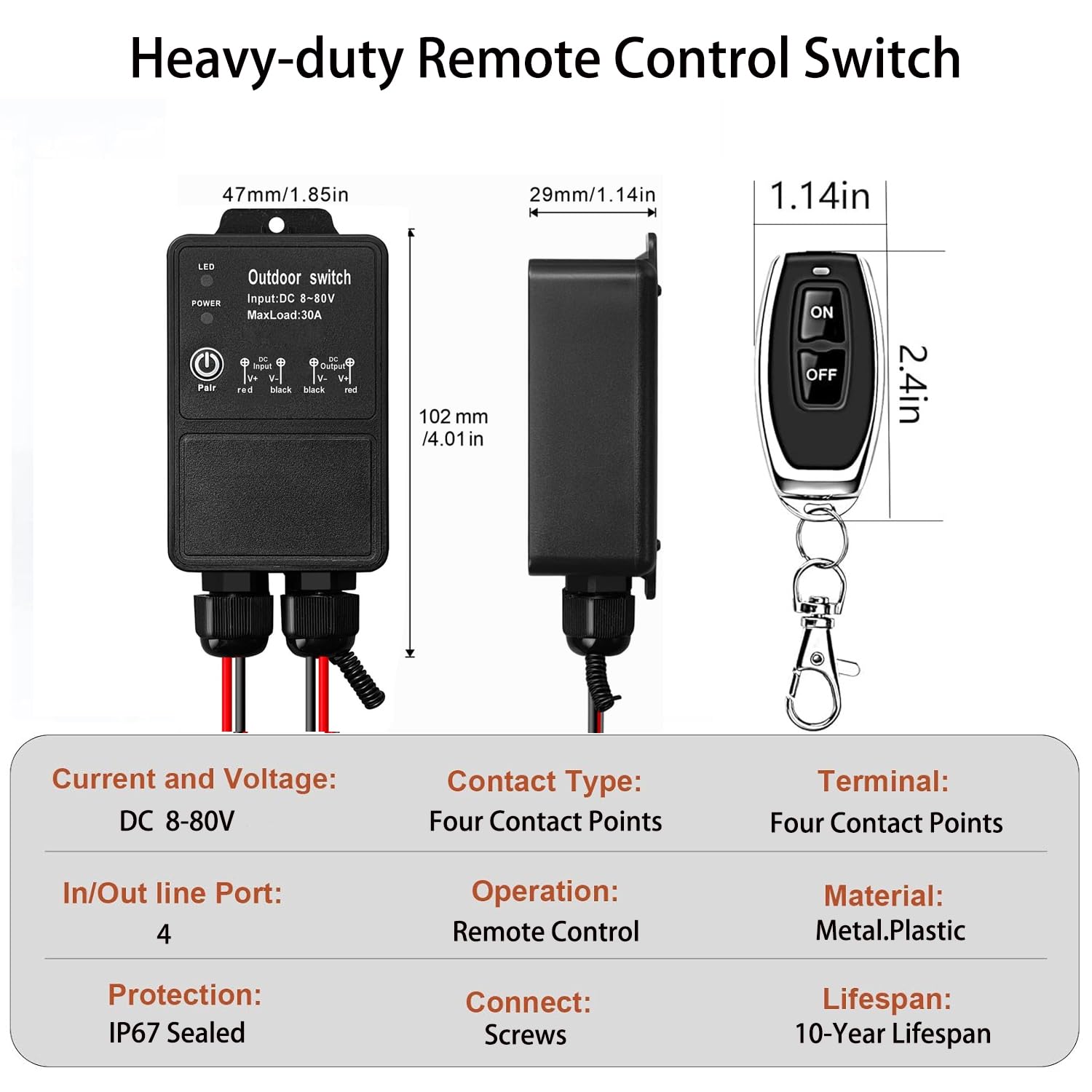 12V Remote Control Switch. IP67 Waterproof DC8-80V 30A Relay Wireless Switch with 328FT Long Range, 433mhz Remote Kit for Lighting, Door, Water Pump, Motor (DC 8-80V)
