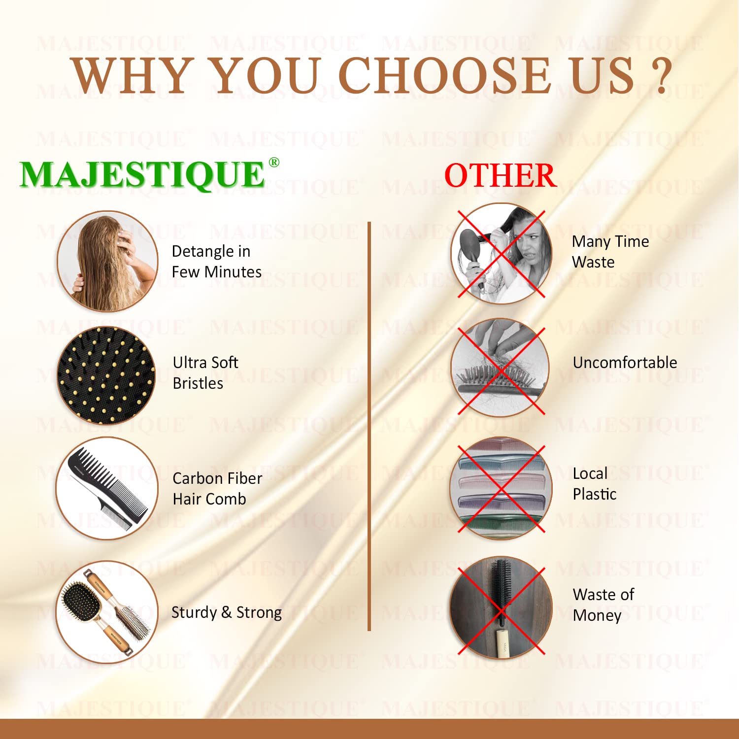 Majestique Hair Brush & Comb Set 4 – Paddle Detangler Brush, Wide Tooth Comb, Tail Pin Comb & Styling Brush for Wet & Dry Hair | Unisex Hair Grooming Kit for All Hair Types 3