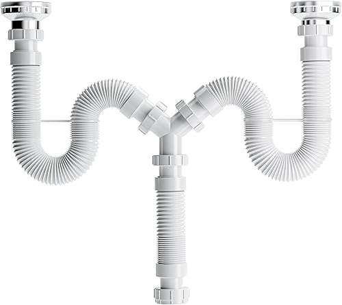 Trampa P de perfil bajo, extensible y flexible, drenaje de fregadero de doble tazón, trampa P con adaptador de 1-12 a 1-14