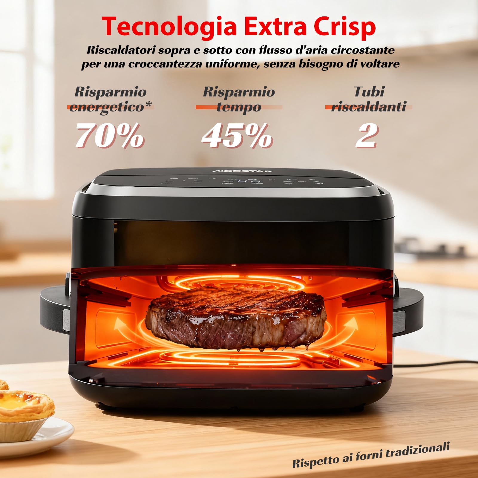 Aigostar Friggitrice ad Aria XXL 745cm² Surface, 2200W Silenzioso Extra-Crisp Technologie + Doppia Resistenza, 11 Programmi (Pizza Surgelata), Touchscreen, Finestra Illuminata, Interno Metallico, Nero