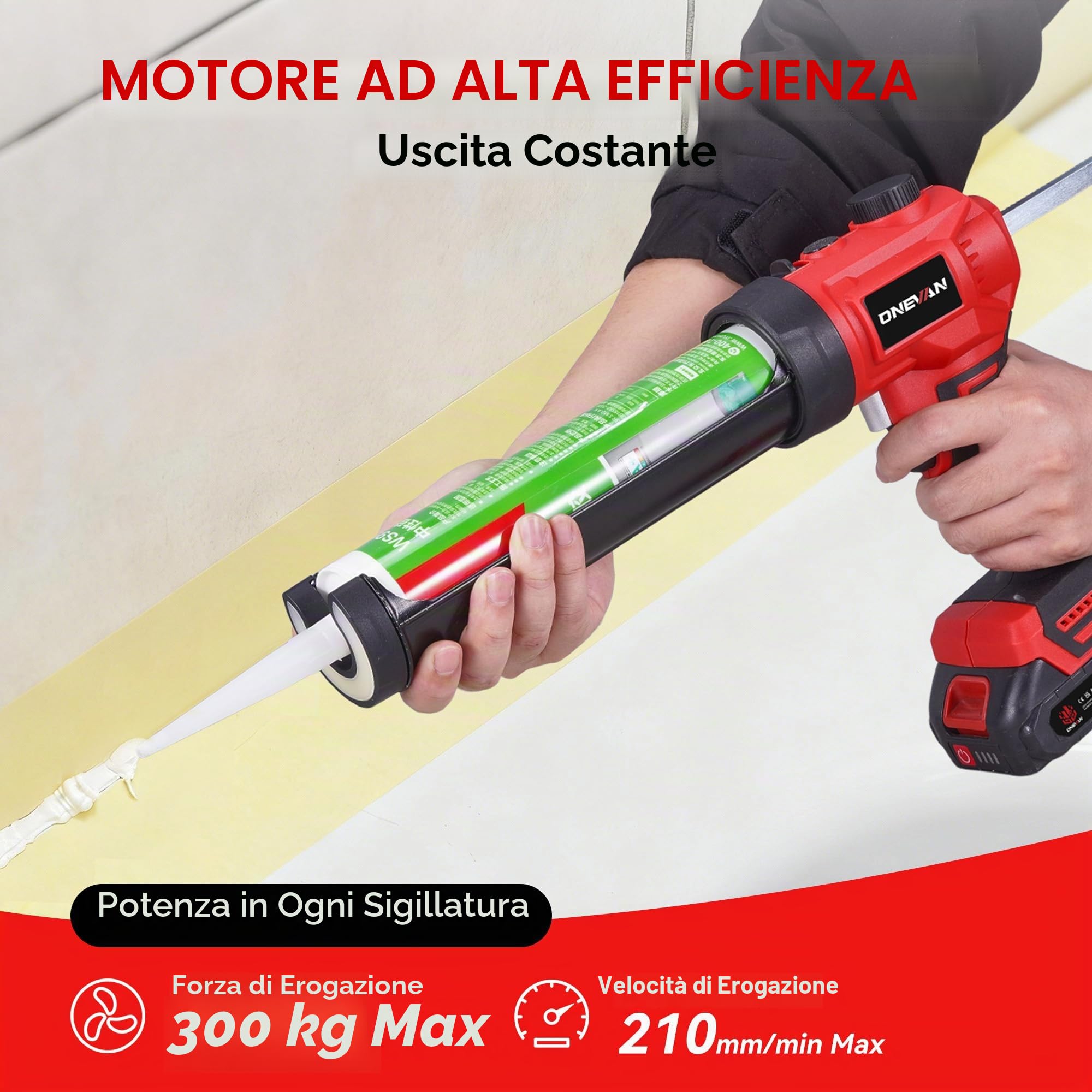 ONEVAN Pistola Elettrica per Cartucce 300ml Brushless 2x1,5Ah | 300ml Capacità, 300kg Spinta, Velocità variabile, Caricabatterie rapido, Luce LED, Per finestre e giunti