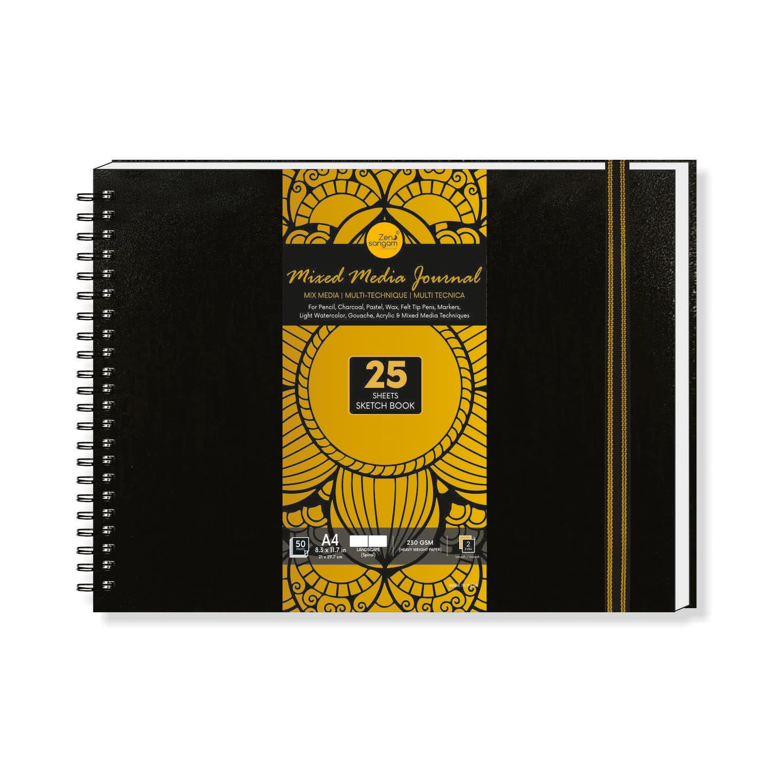 Zen Sangam - A4 Landscape Artists’- 230 GSM (50 Pages), Spiral Mixed Media Art Journal - Ultra Smooth Surface - Acid Free Cartridge Paper - Size(29.7x 21cm)-for Pencils,Chalk,Oil Pastels,Crayons-Black