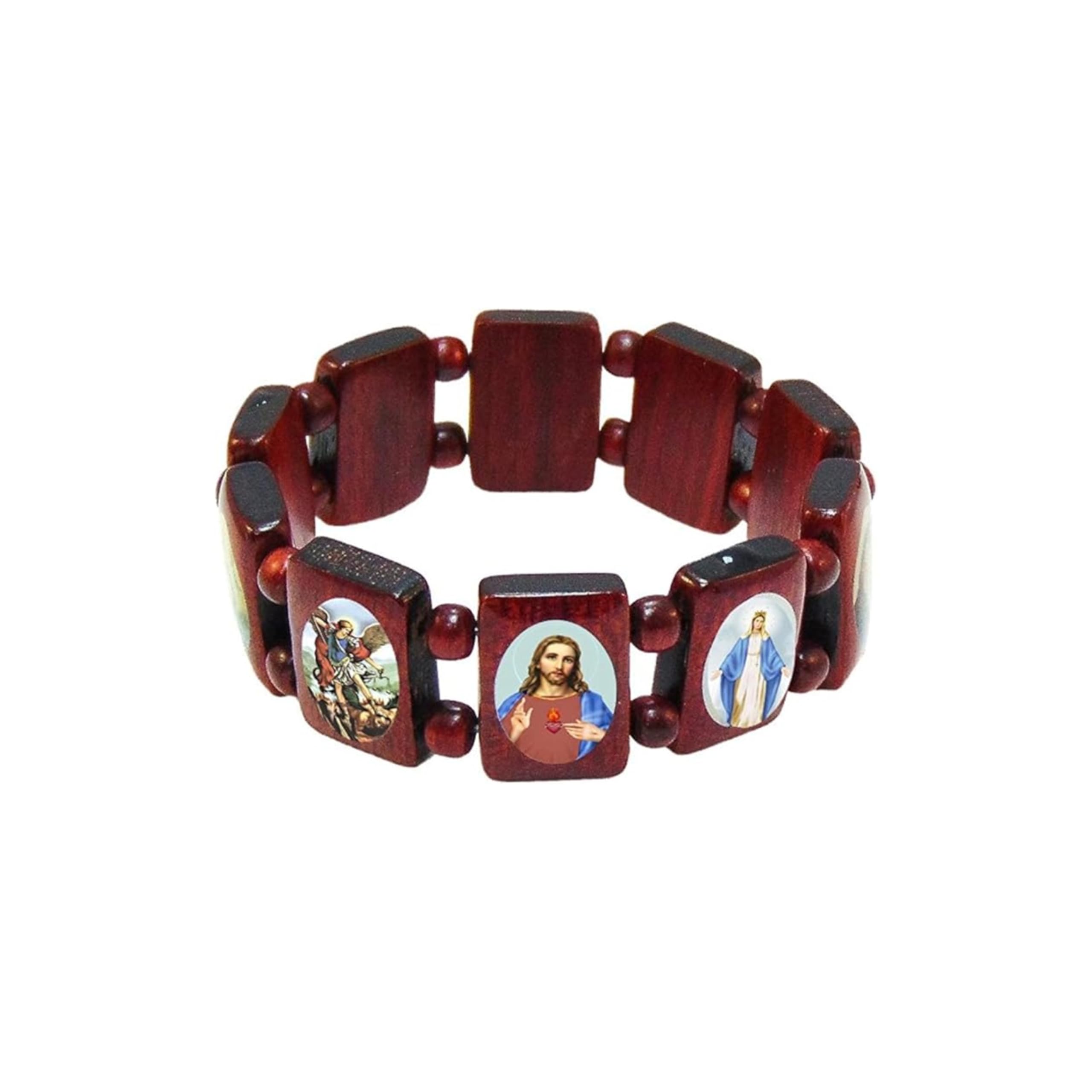 Catholica Shop Devotional Catholic Religious Wood Stretch Bracelets. Small and Large Panels with Assorted Images of Saints, Jesus and Mary. Unisex.