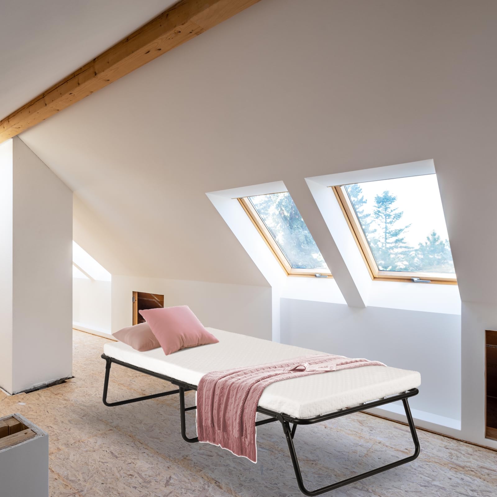Cama Plegable con Ruedas 80x190cm, Cama de Invitados con Colchón de Espuma Viscoelástica de 7cm, Cama Plegable Adultos Portátil con Funda, no Requiere Montaje, Armadura de Metal Soporta hasta 136 kg
