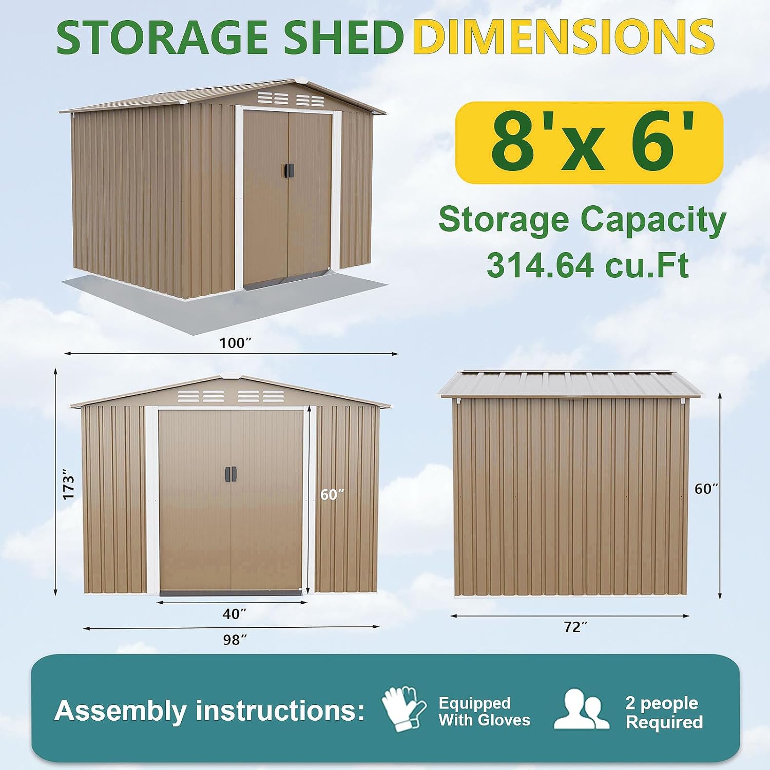 Close-up images highlighting the waterproof metal design of the shed, including built-in handles, corner protection, and external slopes for easy drainage and access.