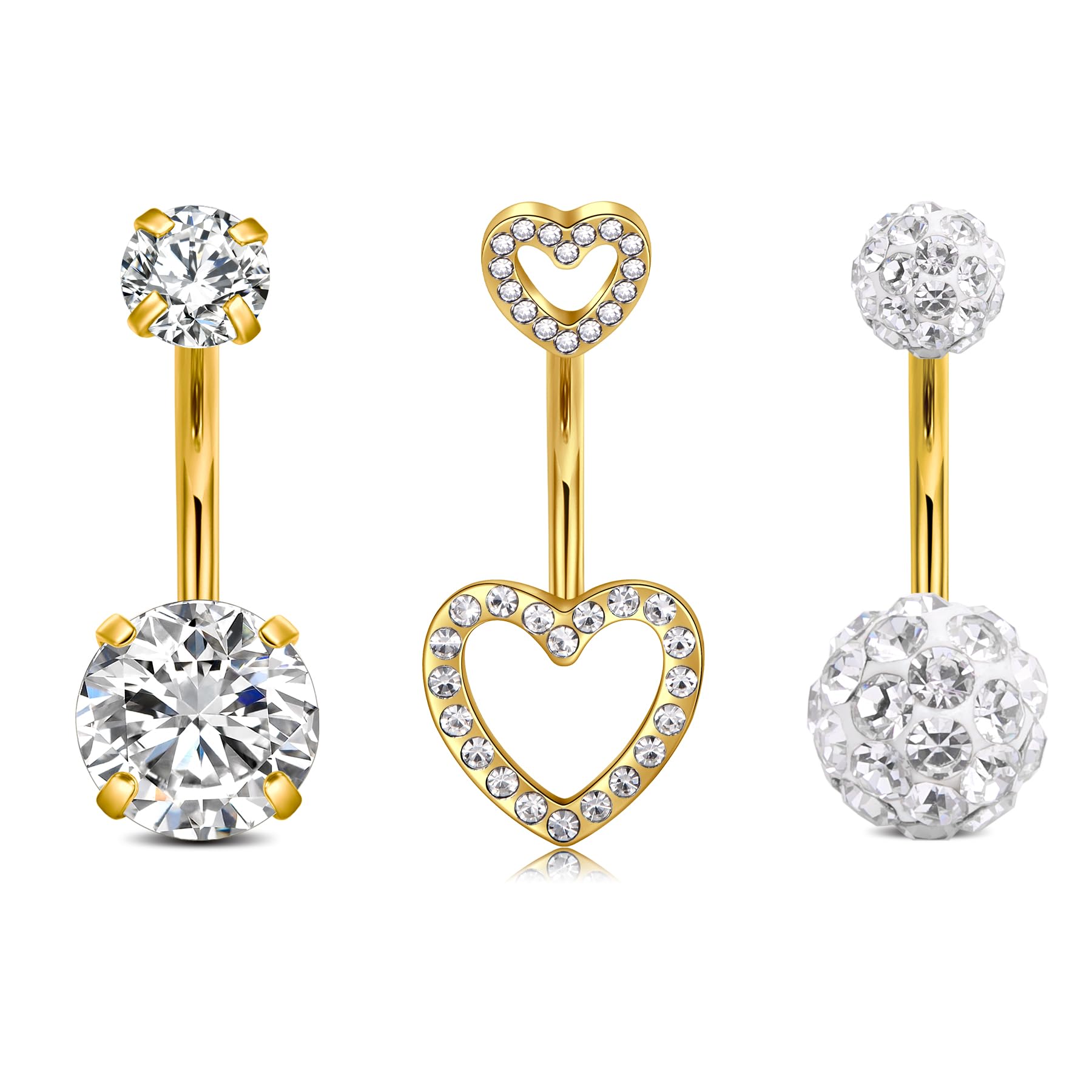 NIUSIMAN 14G piercing ombligo,3 Piezas Corazón ombligo Piercing 8mm Oro Plata Bar Longitud Piercing joyería ombligo Piercing pequeños cristales Aro ombligo Piercing Barbell Set para Mujeres