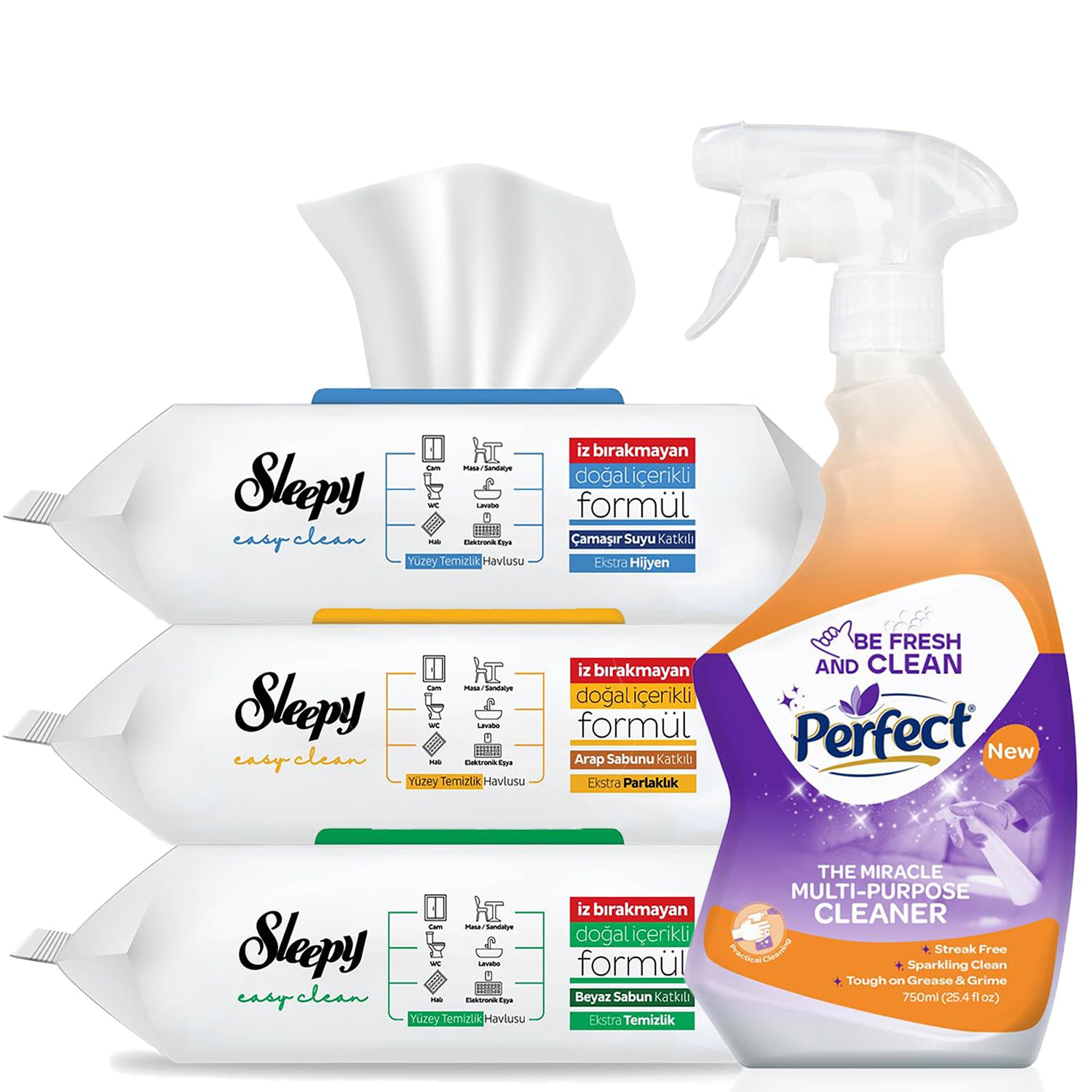 300x Sleepy Reinigungstücher 1x Blau + 1x Grün + 1x Gelb mit Bleichzusatz - Extra Stark gegen Flecken - Grün, Blau und Gelb Oberflächenreinigungs-Set - perfekt für Boden, Küche, Badezimmer