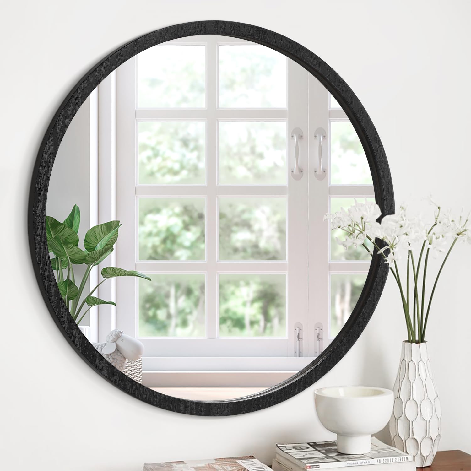JJUUYOU Wall Mounted Circle Mirror Round 40CM Vintage Wood Frame Mirror for Bathroom Living Room Bedroom Dormitory Decor,Black